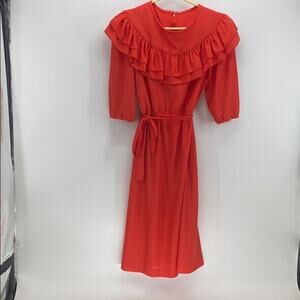 Vintage 70s dress red prairie disco ditzy polka dot print sz M below the knee